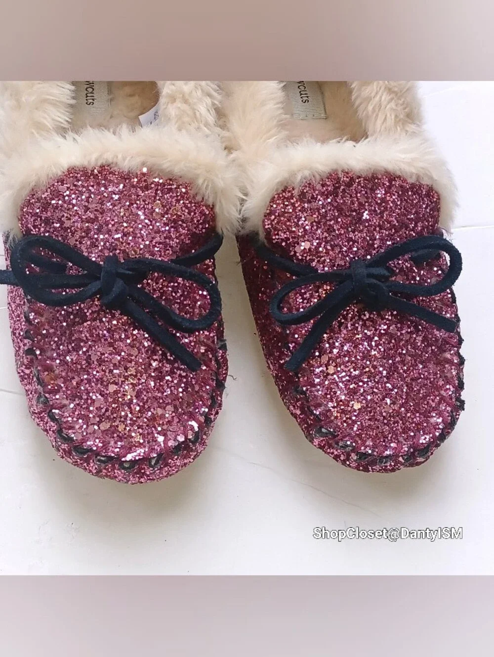 Crewcuts Pink Glitter Faux-Fur Lined Moccasins